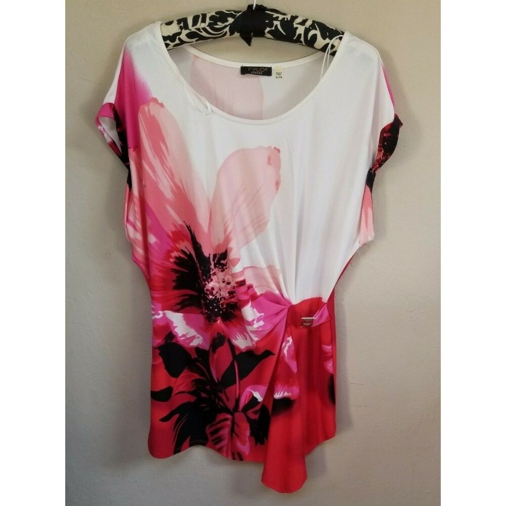 FYLO London Womens XL Floral Placement Print Ruched Top Blouse Cap Sleeve Casual